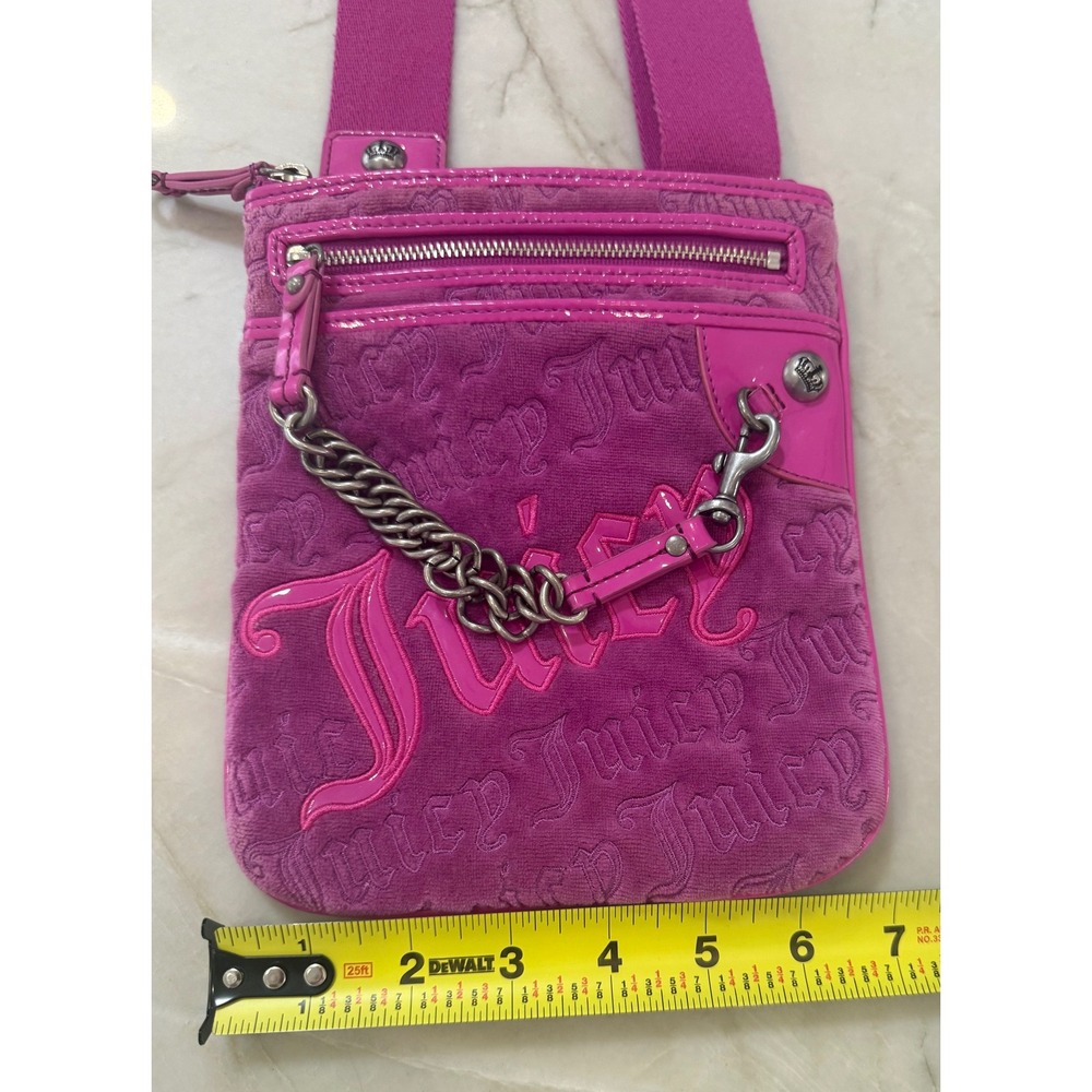 Juicy Couture Pink Velour Embossed Logo Crossbody Bag Y2K Patent Trim Chain #113 - Picture 15 of 15